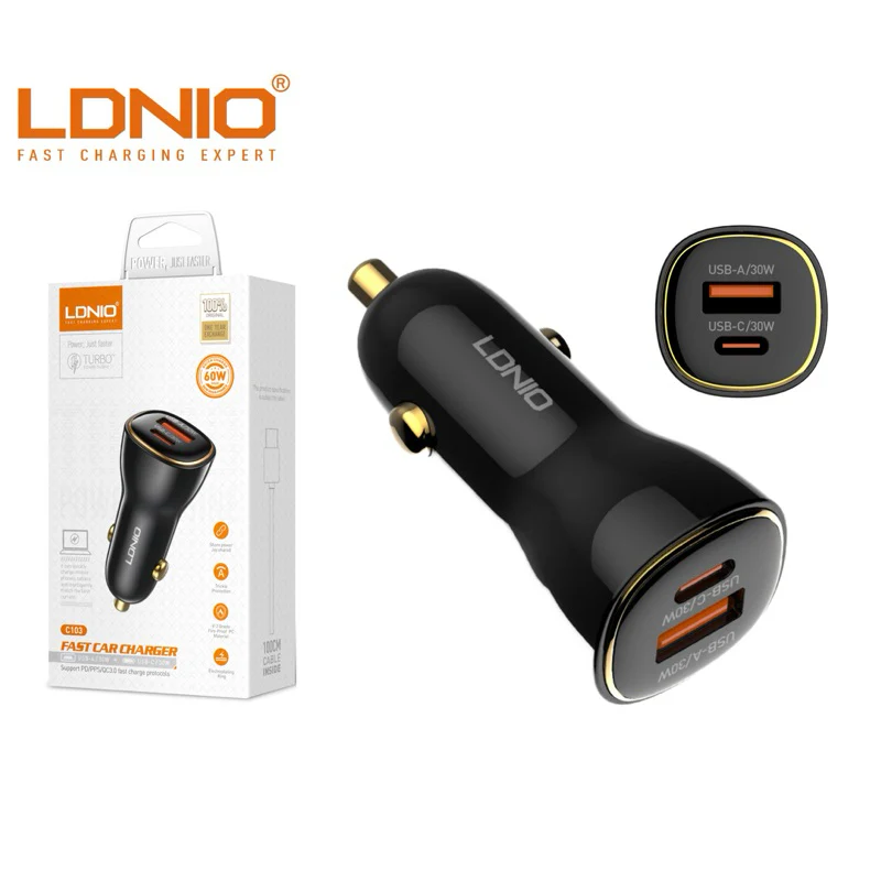 Cargador rápido para auto LDNIO C103 de 60 W.