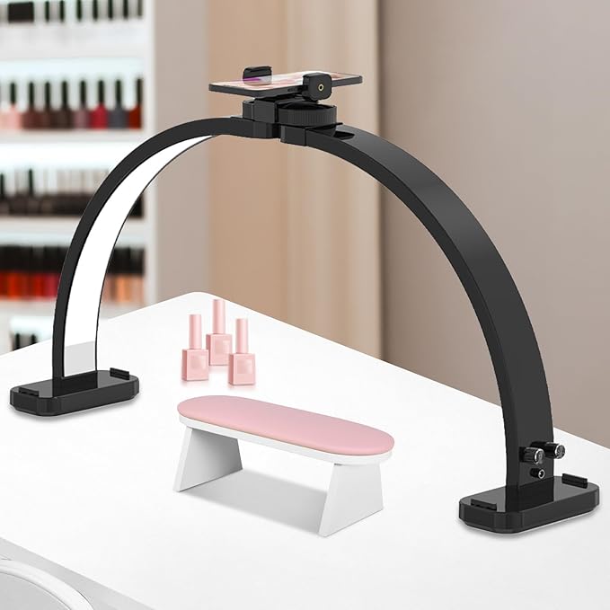 Luz de media luna para escritorio de uñas con soporte para teléfono