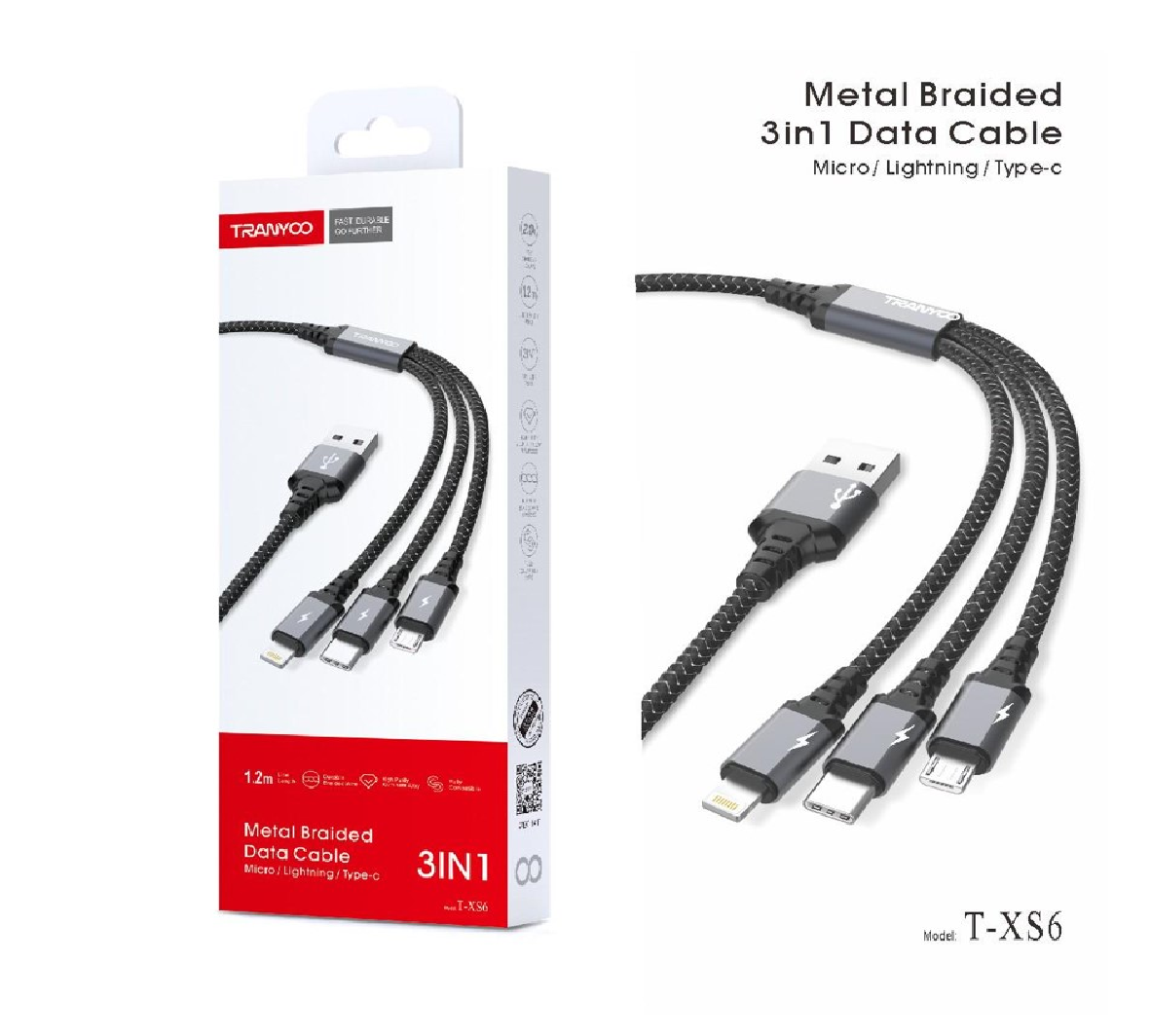 Cable multicargador Tranyoo 3 en 1 modelo T-XS6