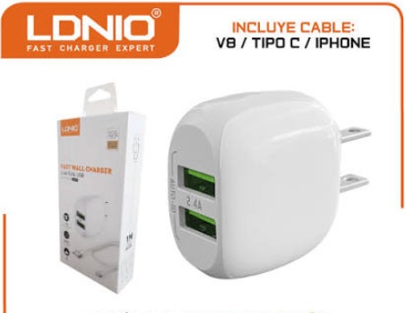 CARGADOR LDNIO 2P USB + CABLE USB A TIPO-C 1M 12W