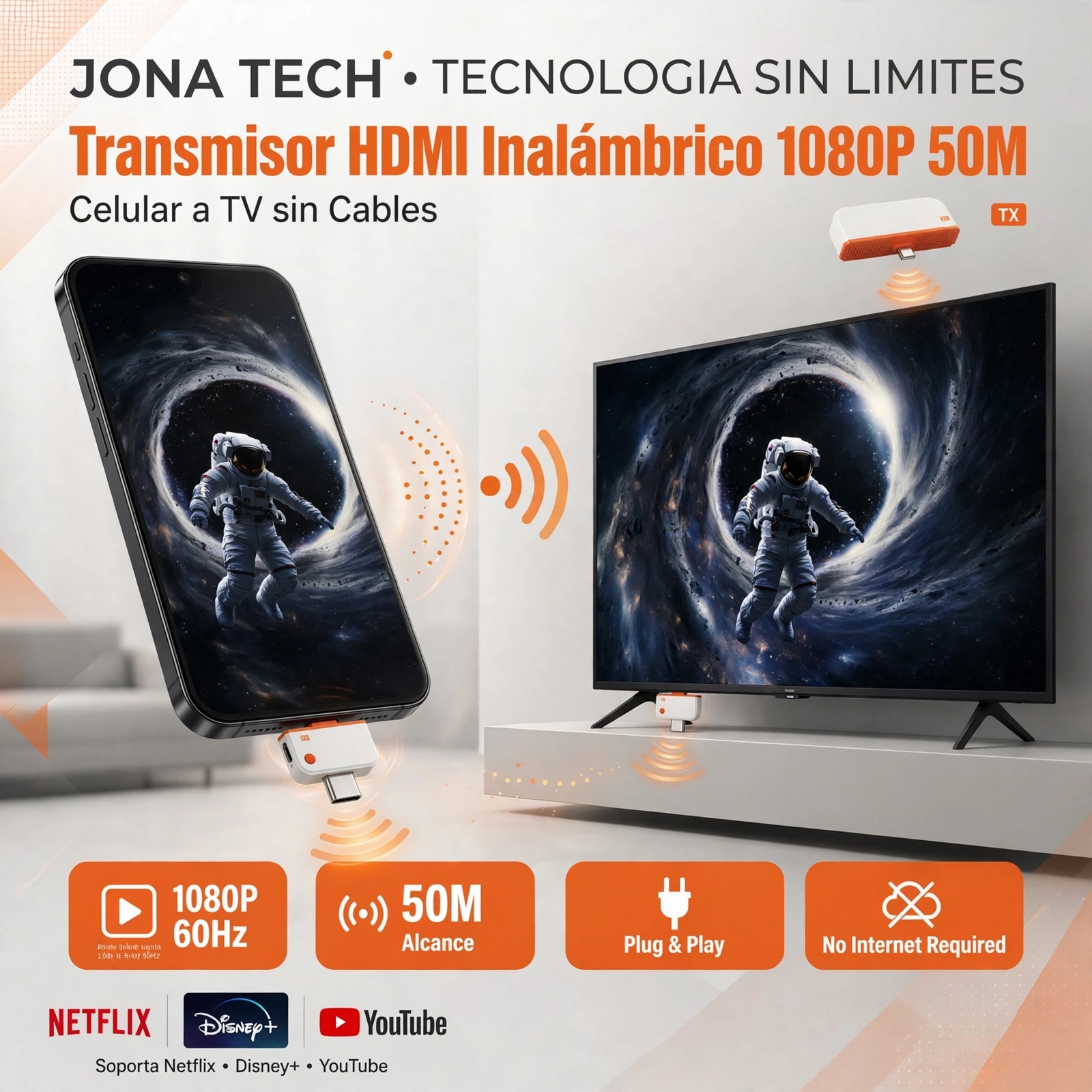 Transmisor y Receptor HDMI Inalámbrico USB-C a TV 1080P 60Hz 50 Metros
