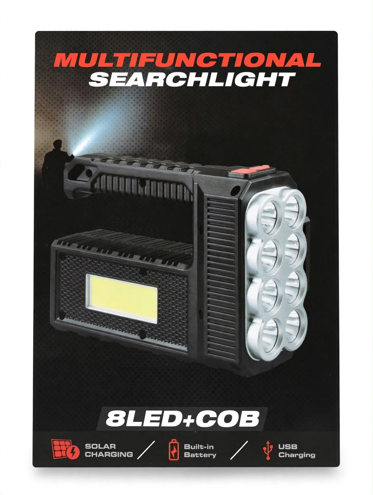 Linterna Multifuncional Recargable 8 LED + COB - Carga Solar y USB