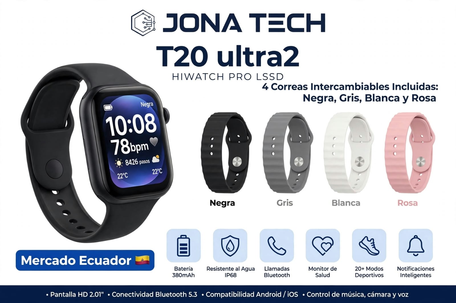 Reloj Smartwatch T20 Ultra 2 Con 4 Mallas Intercambiables